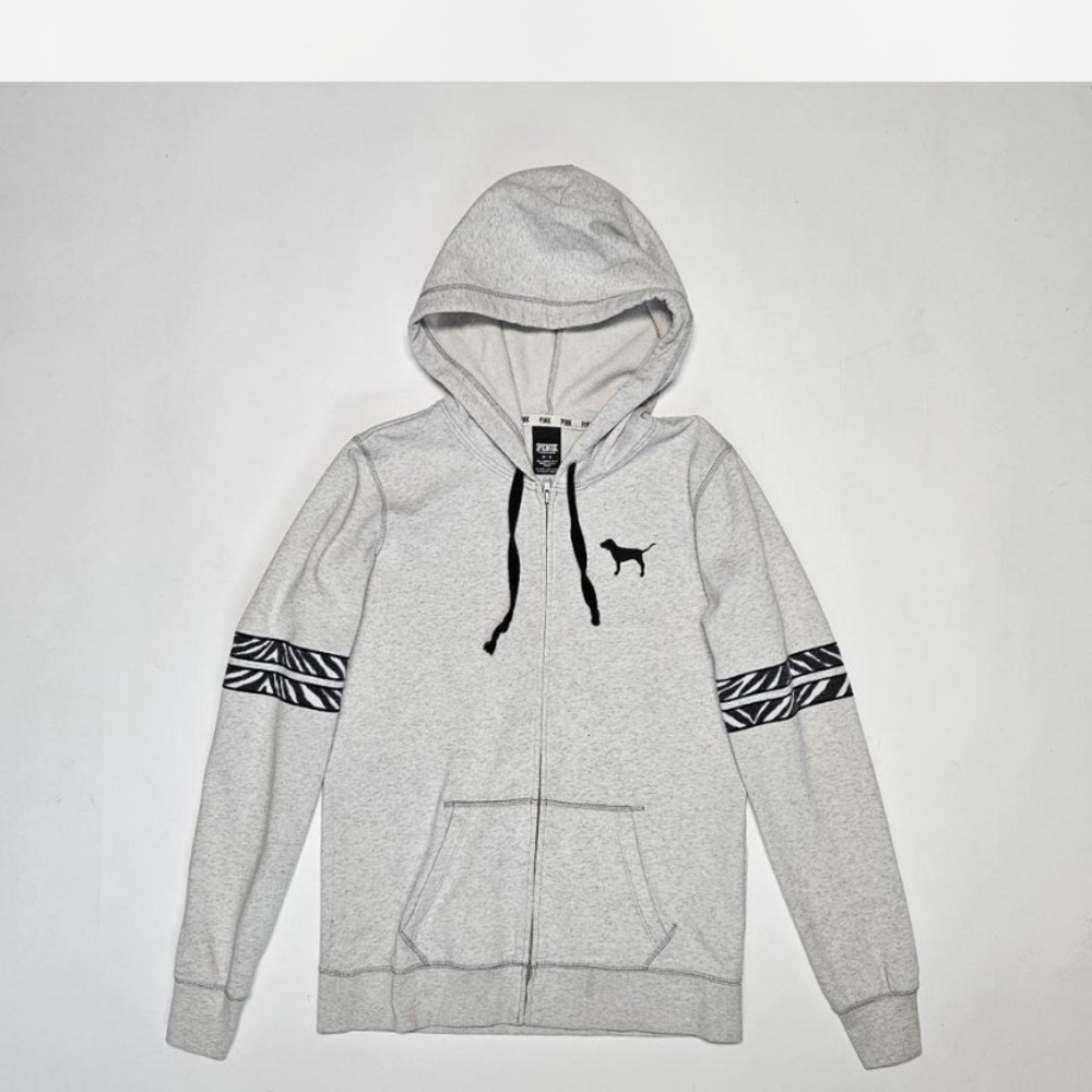 Victoria's Secret Y2k Grey Marled full-zip hoodie zebra-print stripe detail, L